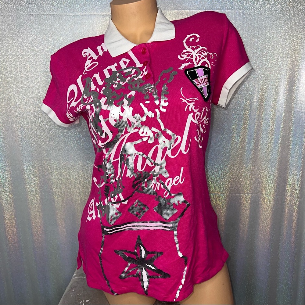 Victoria Secret Collared Polo Pink Angel Silver Shiny Y2k Deadstock Black Label